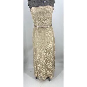 Jessica Mc Clintock vintage gold floral print lace overlay maxi dress.10